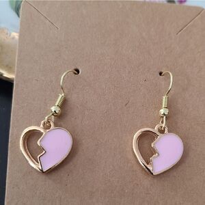 New Hand Crafted Cute Pink & Gold Broken Heart Earrings 14K Gold Plated Hooks